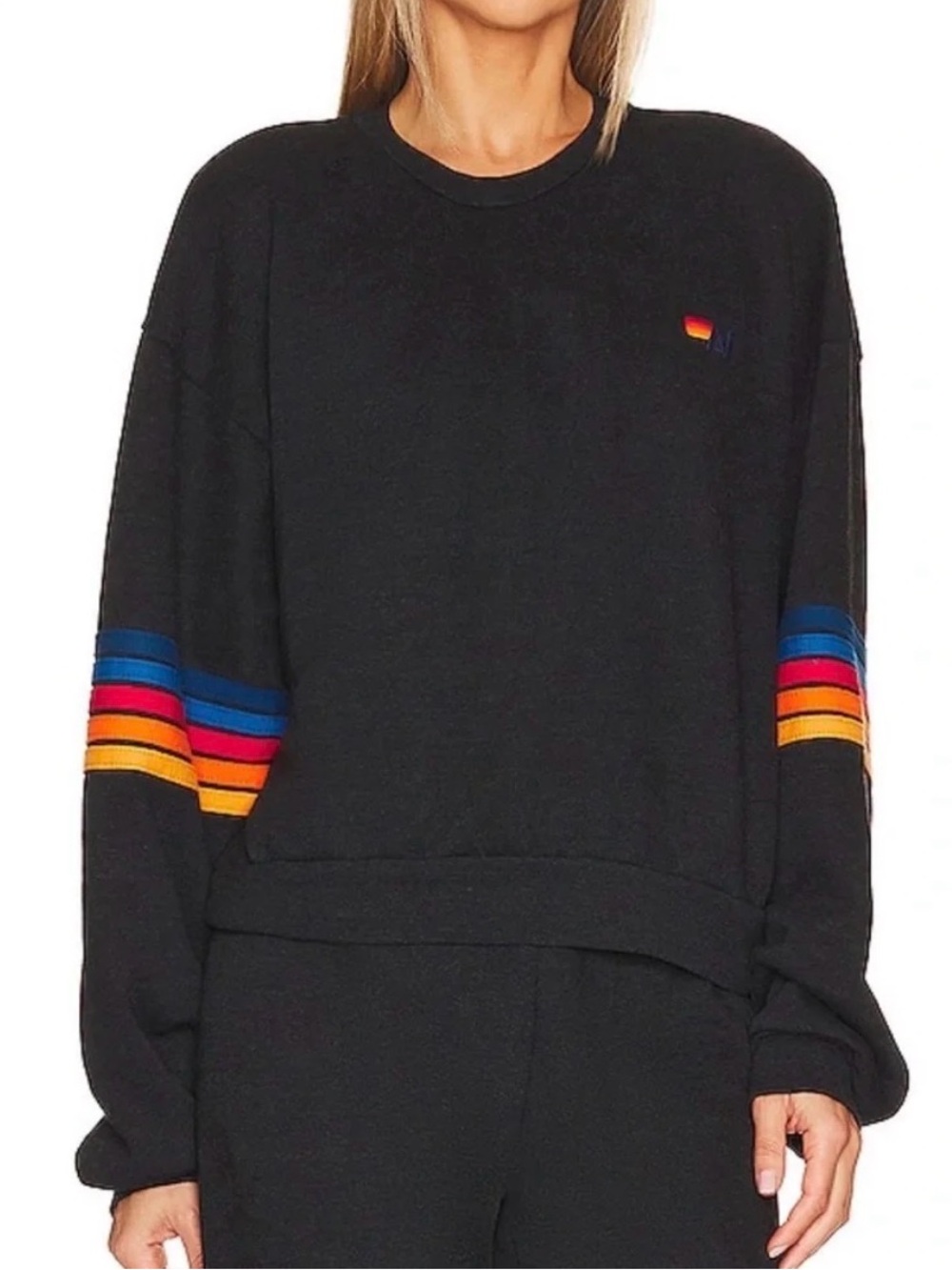 Aviator Nation Crewneck with Rainbow stitch sleeve, XS